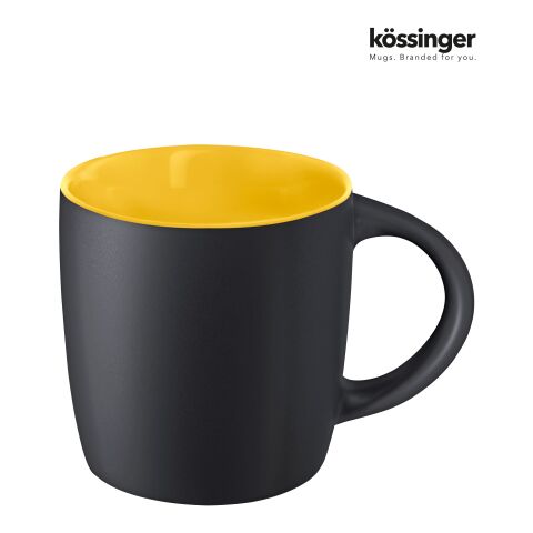 Werbeartikel Kössinger Ennia 300 ml Keramiktasse Black Inside mattschwarz mit farbiger Innenseite Werbetasse – schwarz-gelb – mit Logo bedruckt