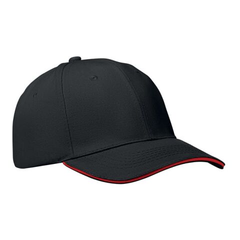 Werbeartikel 6-Panel-Baseball-Cap – schwarz/rot – mit Logo bedruckt