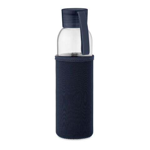Nachhaltiger Werbeartikel Glas Trinkflasche 500 ml recyceltes Glas Neoprenhülle PP-Deckel Silikon-Schlaufe auslaufsicher BPA-frei – marineblau – mit