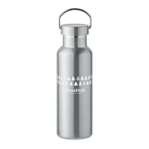 Nachhaltiger Werbeartikel Edelstahl Trinkflasche 500 ml doppelwandig recycelt Korkboden Henkeldeckel BPA-frei auslaufsicher im Kannenlook –
