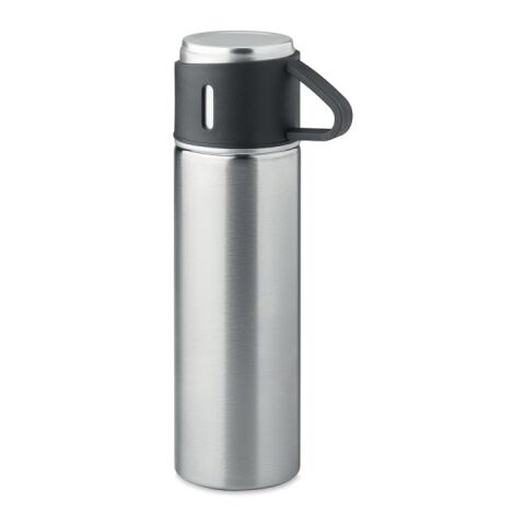 Werbeartikel 2-teiliges Set aus 420 ml Edelstahl-Isolierflasche & 150 ml Becher auch als Deckel nutzbar – mattsilber – mit Logo bedruckt