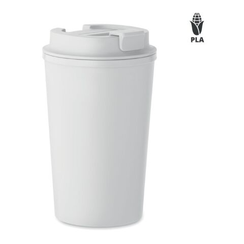 Werbeartikel 350 ml Coffee-to-go Thermobecher aus Recycling-Edelstahl auslaufsicher mit PU-Hülle & Schiebedeckel – weiss – mit Logo bedruckt