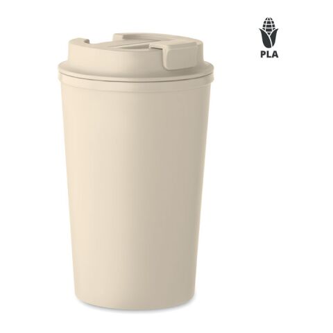 Werbeartikel 350 ml Coffee-to-go Thermobecher aus Recycling-Edelstahl auslaufsicher mit PU-Hülle & Schiebedeckel – beige – mit Logo bedruckt