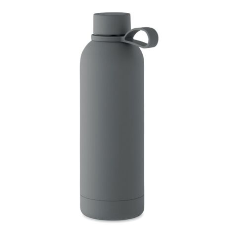 Werbeartikel Edelstahl Trinkflasche 500 ml doppelwandig recycelt Korkboden Henkeldeckel BPA-frei auslaufsicher – dunkelgrau – mit Logo bedruckt