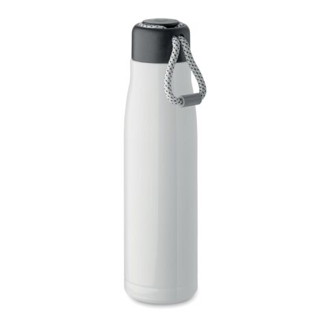 Nachhaltiger Werbeartikel Edelstahl Trinkflasche 500 ml doppelwandig recycelt Korkboden Henkeldeckel BPA-frei auslaufsicher – weiss – mit Logo