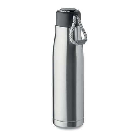 Nachhaltiger Werbeartikel Edelstahl Trinkflasche 500 ml doppelwandig recycelt Korkboden Henkeldeckel BPA-frei auslaufsicher – mattsilber – mit Logo