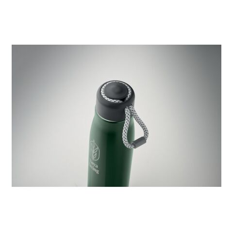 Nachhaltiger Werbeartikel Edelstahl Trinkflasche 500 ml doppelwandig recycelt Korkboden Henkeldeckel BPA-frei auslaufsicher – dunkelgrün – mit Logo