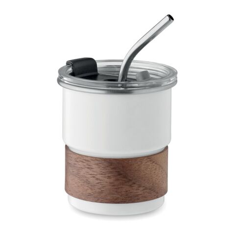 Werbeartikel 260 ml Becher aus recyceltem Edelstahl (90%), abnehmbarer Akazienholz-Griff & Edelstahl-Trinkhalm – weiss – mit Logo bedruckt