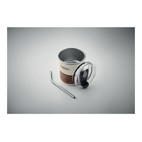 Werbeartikel 260 ml Becher aus recyceltem Edelstahl (90%), abnehmbarer Akazienholz-Griff & Edelstahl-Trinkhalm – beige – mit Logo bedruckt