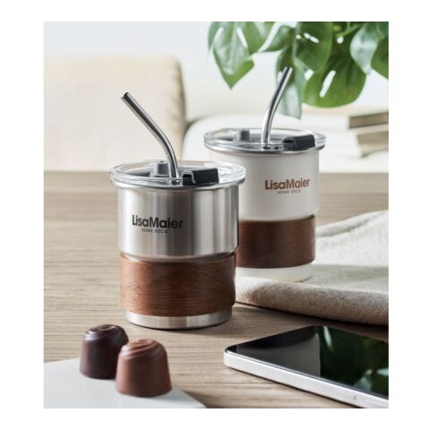 Werbeartikel 260 ml Becher aus recyceltem Edelstahl (90%), abnehmbarer Akazienholz-Griff & Edelstahl-Trinkhalm – mattsilber – mit Logo bedruckt