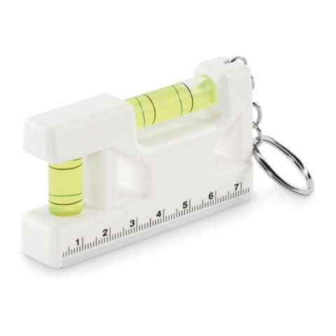 Werbeartikel Schlüsselanhänger Wasserwaage, 3-in-1 Tool mit Magnet & Lineal aus robustem ABS – weiss – mit Logo bedruckt
