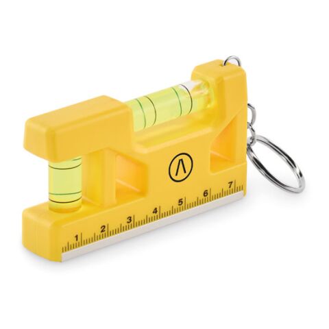 Werbeartikel Schlüsselanhänger Wasserwaage, 3-in-1 Tool mit Magnet & Lineal aus robustem ABS – gelb – mit Logo bedruckt