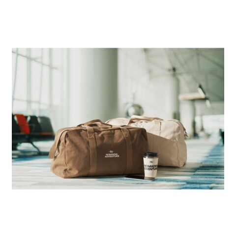 Nachhaltiger Werbeartikel Sport- oder Reisetasche – khaki – mit Logo bedruckt