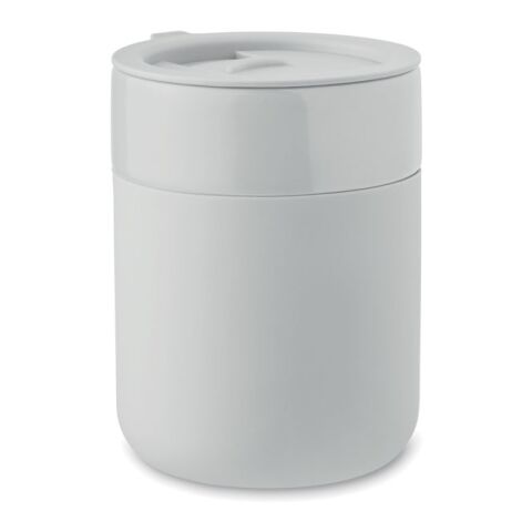 Werbeartikel 330 ml Coffee-to-go Kaffeebecher aus Keramik mit hitzebeständiger Silikonhülle & PP-Deckel – weiss – mit Logo bedruckt