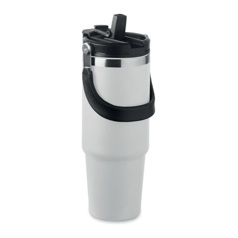 Werbeartikel 850 ml XXL Isolierbecher aus Recycling-Stahl mit Trinkhalm & Klappdeckel doppelwandig für Kalt- & Heissgetränke – weiss – mit Logo