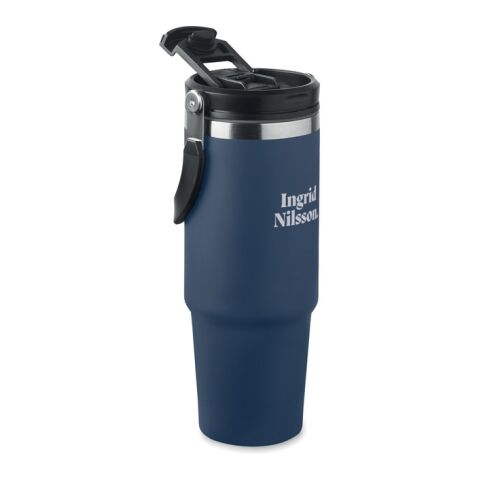 Werbeartikel 850 ml XXL Isolierbecher aus Recycling-Stahl mit Trinkhalm & Klappdeckel doppelwandig für Kalt- & Heissgetränke – marineblau – mit Logo