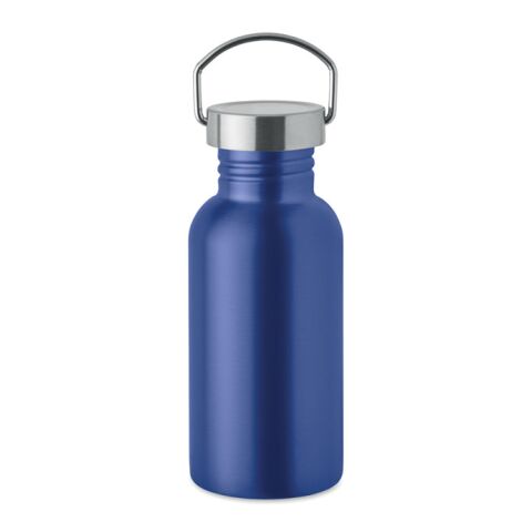 Nachhaltiger Werbeartikel Edelstahl Trinkflasche 500ml 90% Recycelt BPA-frei einwandig gummiertes Finish Silikonhenkel – blau – mit Logo bedruckt