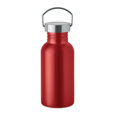 Nachhaltiger Werbeartikel Edelstahl Trinkflasche 500ml 90% Recycelt BPA-frei einwandig gummiertes Finish Silikonhenkel – rot – mit Logo bedruckt