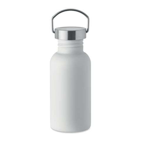 Nachhaltiger Werbeartikel Edelstahl Trinkflasche 500ml 90% Recycelt BPA-frei einwandig gummiertes Finish Silikonhenkel – weiss – mit Logo bedruckt