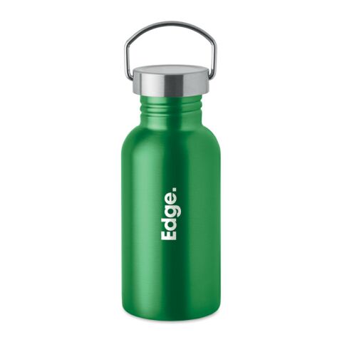 Nachhaltiger Werbeartikel Edelstahl Trinkflasche 500ml 90% Recycelt BPA-frei einwandig gummiertes Finish Silikonhenkel – grün – mit Logo bedruckt