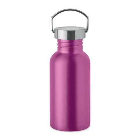 Nachhaltiger Werbeartikel Edelstahl Trinkflasche 500ml 90% Recycelt BPA-frei einwandig gummiertes Finish Silikonhenkel – fuchsia – mit Logo bedruckt