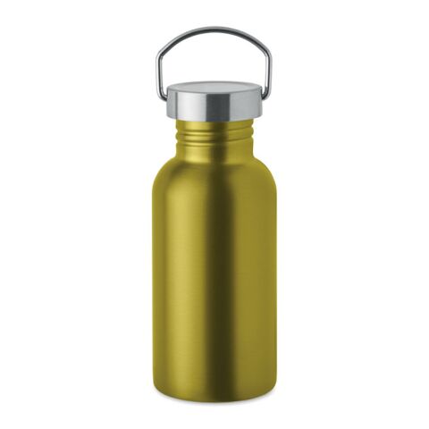 Nachhaltiger Werbeartikel Edelstahl Trinkflasche 500ml 90% Recycelt BPA-frei einwandig gummiertes Finish Silikonhenkel – limette – mit Logo bedruckt