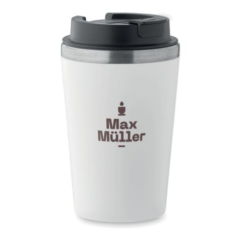 Werbeartikel 350 ml Coffee-to-go Thermobecher aus Recycling-Edelstahl auslaufsicher mit PU-Hülle & Schiebedeckel – weiss – mit Logo bedruckt