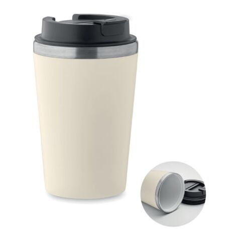 Werbeartikel 350 ml Coffee-to-go Thermobecher aus Recycling-Edelstahl auslaufsicher mit PU-Hülle & Schiebedeckel – beige – mit Logo bedruckt