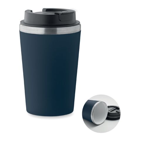 Werbeartikel 350 ml Coffee-to-go Thermobecher aus Recycling-Edelstahl auslaufsicher mit PU-Hülle & Schiebedeckel – marineblau – mit Logo bedruckt