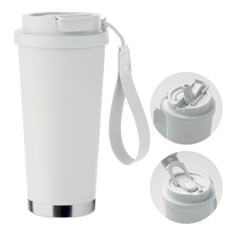 Werbeartikel 500 ml doppelwandiger Kaffeebecher aus 90% Recycling-Edelstahl, auslaufsicher mit 2-in-1 Deckel & Trageband – transparent – mit Logo