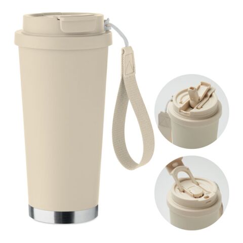 Werbeartikel 500 ml doppelwandiger Kaffeebecher aus 90% Recycling-Edelstahl, auslaufsicher mit 2-in-1 Deckel & Trageband – beige – mit Logo bedruckt