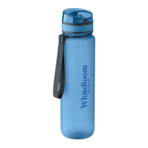 Werbeartikel Sport-Trinkflasche RPET 1L – transparent hellblau – mit Logo bedruckt