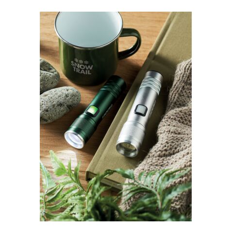 Werbeartikel Wiederaufladbare Taschenlampe – mattsilber – mit Logo bedruckt