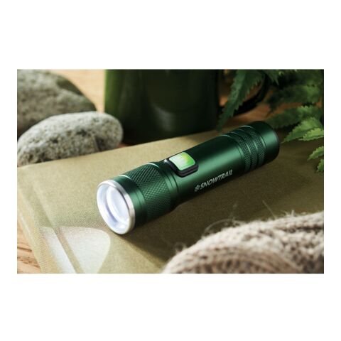 Werbeartikel Wiederaufladbare Taschenlampe – dunkelgrün – mit Logo bedruckt