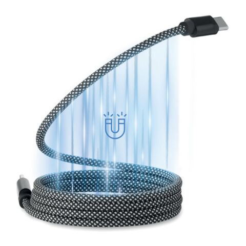 Werbeartikel Magnetisches Kabel RPET – weiss schwarz – mit Logo bedruckt