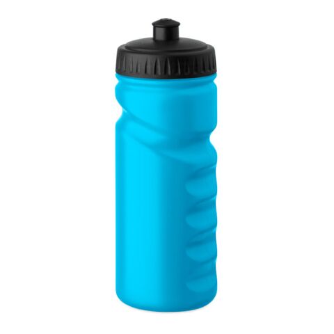Werbeartikel Sport-Trinkflasche 500ml mit Handgriff solider PE-Kunststoff leicht & bruchsicher für Fitness – türkis – mit Logo bedruckt