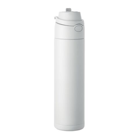 Werbeartikel Edelstahl Trinkflasche 500 ml doppelwandig recycelt Korkboden Henkeldeckel BPA-frei auslaufsicher – transparent – mit Logo bedruckt