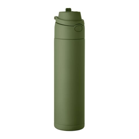 Werbeartikel Edelstahl Trinkflasche 500 ml doppelwandig recycelt Korkboden Henkeldeckel BPA-frei auslaufsicher – dunkelgrün – mit Logo bedruckt