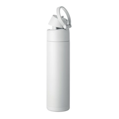 Nachhaltiger Werbeartikel Edelstahl Trinkflasche 750 ml einwandig 90% recycelt auslaufsicher BPA-frei – weiss – mit Logo bedruckt