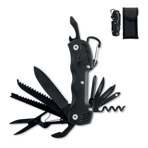 Werbeartikel 13in1-Multitool-Messer – schwarz – mit Logo bedruckt