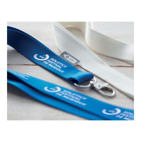 Werbeartikel Lanyard Schlüsselband 20mm RPET nachhaltig inkl. Metallkarabiner & Panikverschluss ideal für Messen – blau – mit Logo bedruckt