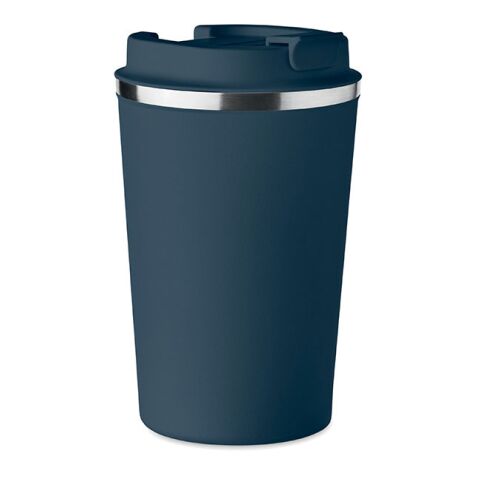 Werbeartikel 350 ml Coffee-to-go Thermobecher aus Recycling-Edelstahl auslaufsicher mit PU-Hülle & Schiebedeckel – marineblau – mit Logo bedruckt