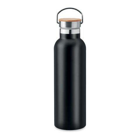 Werbeartikel 750 ml Isolierflasche aus Edelstahl doppelwandig mit Natur-Bambusdeckel & Tragehenkel – schwarz – mit Logo bedruckt