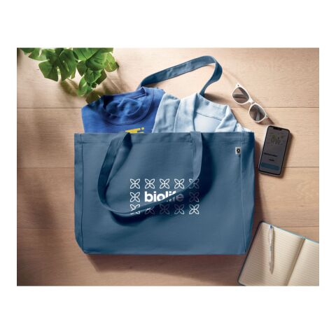 Nachhaltiger Werbeartikel Recycelte Canvas-Tasche – blau – mit Logo bedruckt