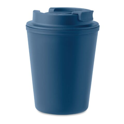 Werbeartikel 300 ml Coffee-to-go Isolierbecher aus Recycling-PP doppelwandig mit Trinkdeckel nachhaltig – blau – mit Logo bedruckt