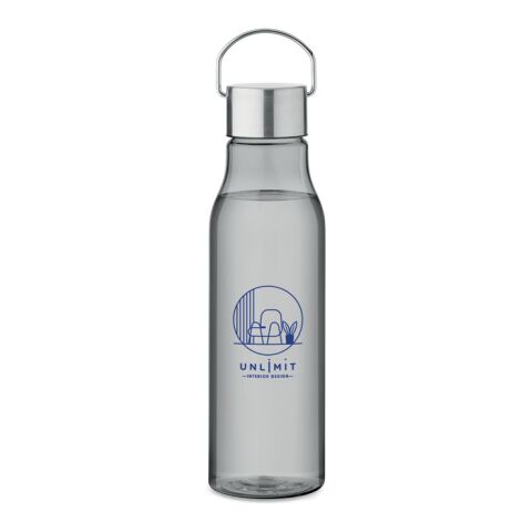 Werbeartikel Trinkflasche 600 ml aus recyceltem RPET BPA-frei mit Edelstahlverschluss & Tragehenkel auslaufsicher – transparent grau – mit Logo