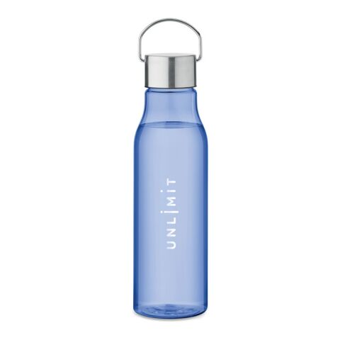 Werbeartikel Trinkflasche 600 ml aus recyceltem RPET BPA-frei mit Edelstahlverschluss & Tragehenkel auslaufsicher – königsblau – mit Logo bedruckt