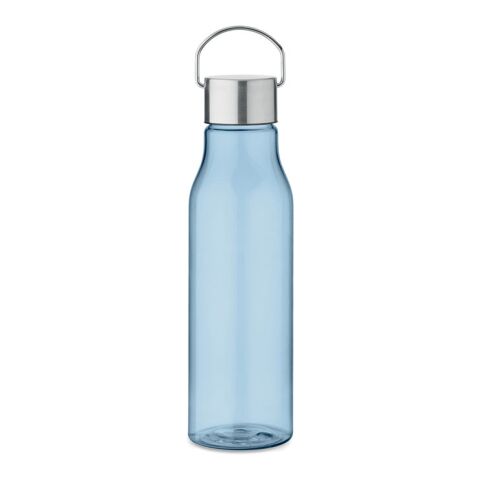 Werbeartikel Trinkflasche 600 ml aus recyceltem RPET BPA-frei mit Edelstahlverschluss & Tragehenkel auslaufsicher – transparent hellblau – mit Logo