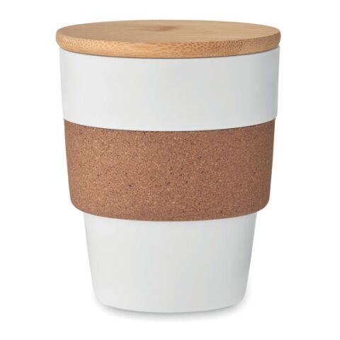 Werbeartikel 300 ml Becher aus recyceltem PP mit Kork-Griff & Bambusdeckel, nachhaltiger Coffee-to-go-Becher – weiss – mit Logo bedruckt