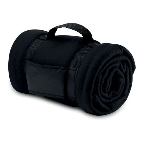 Werbeartikel Fleece-Decke mit Trageriemen aus Nylon – schwarz – mit Logo bedruckt